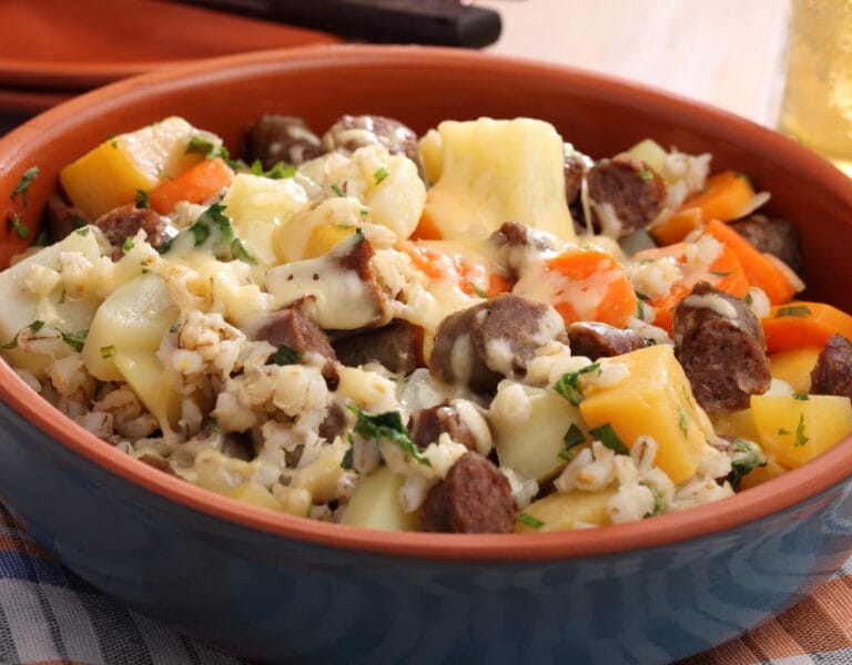 Traditional Irish Coddle with sausages, bacon, onions, and potatoes