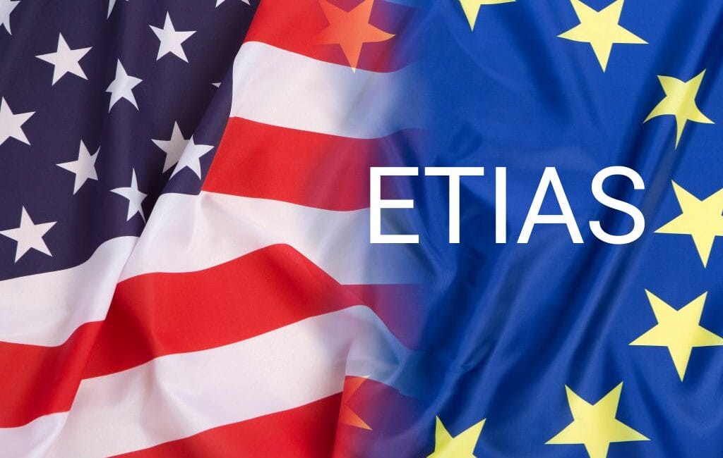 Flags of the United States and European Union representing ETIAS visa requirements for US travelers to Europe