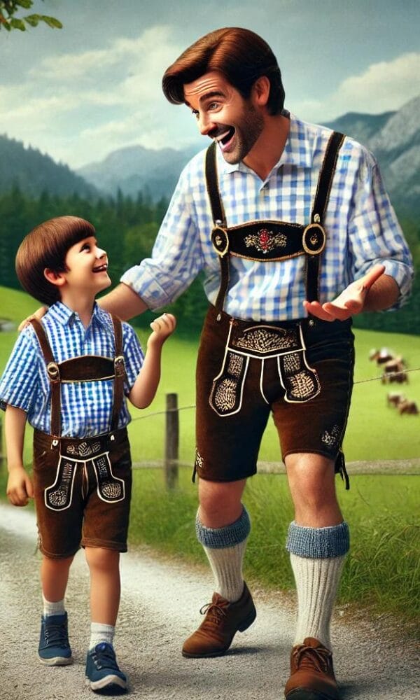 Humorous illustration of a relieved man in Lederhosen asking a young boy for help on a Bavarian path