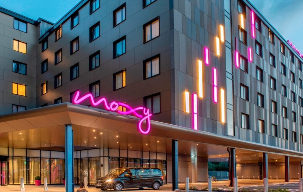 Exterior view of Moxy London Excel Hotel with modern architecture