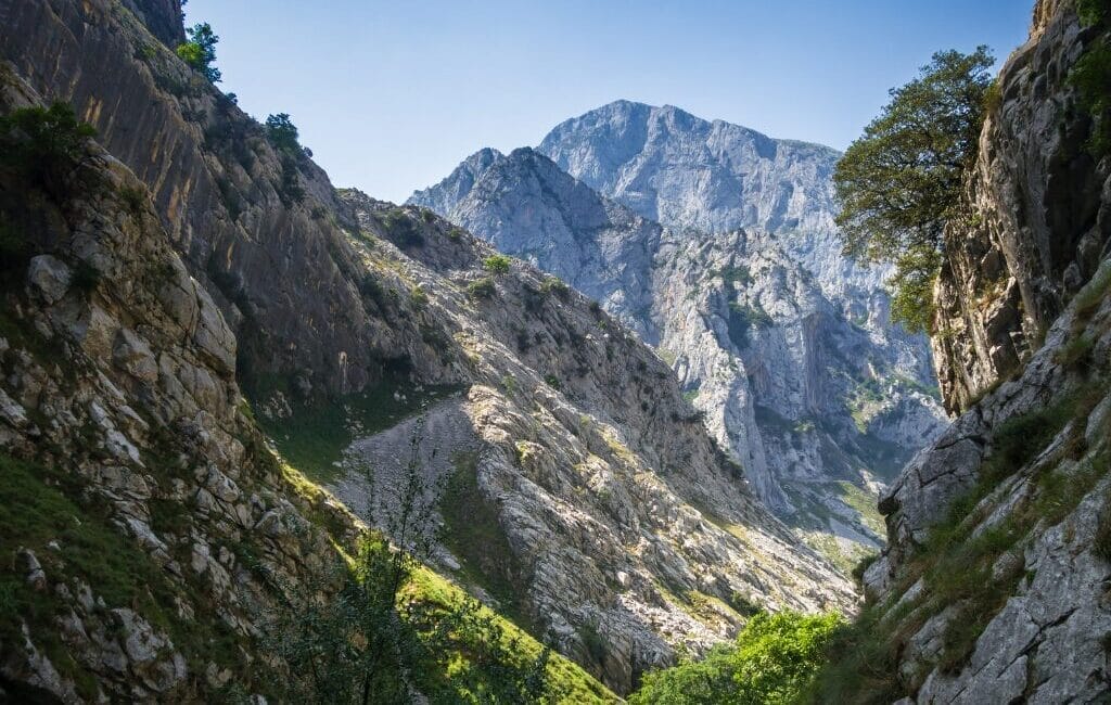 Panoramic view of the Picos de Europa mountain range with towering limestone peaks and lush green valleys