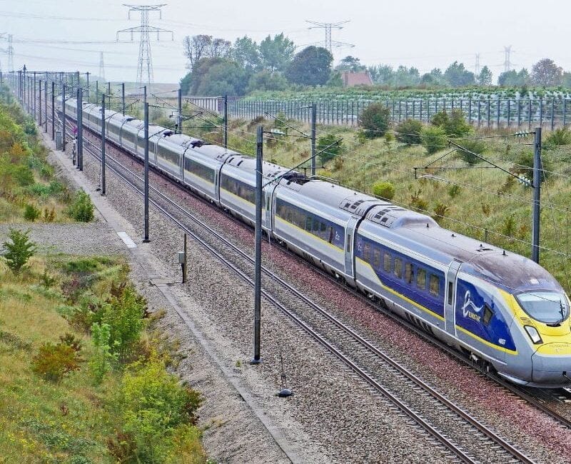 Eurostar train traveling from London to Amsterdam