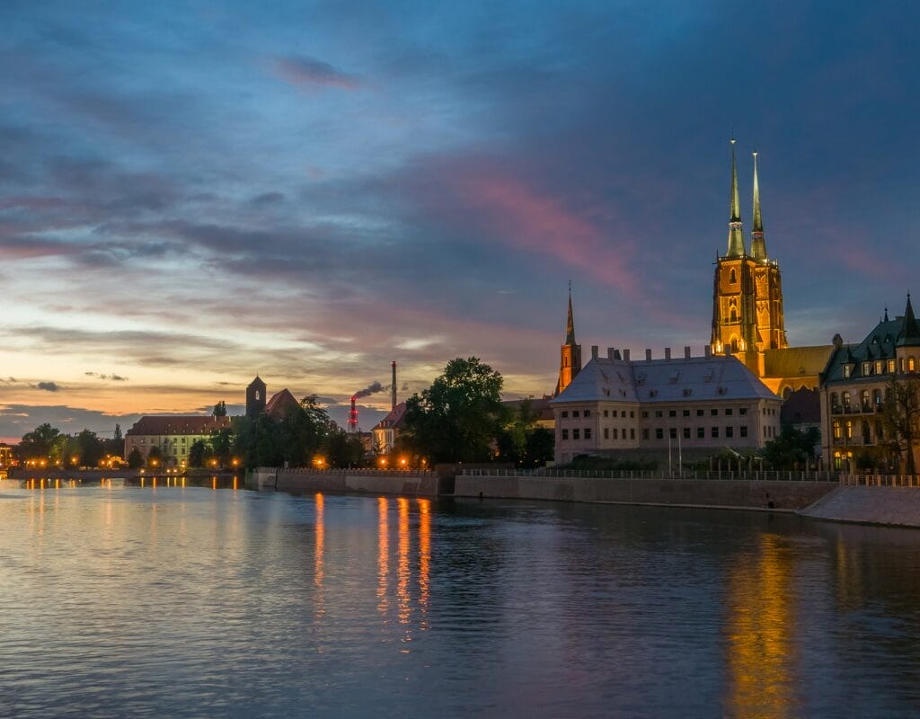 Wroclaw cityscape with sea and evening sky