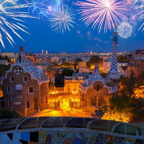 Fireworks lighting up Barcelona at night during the Festes de Santa Eulàlia.