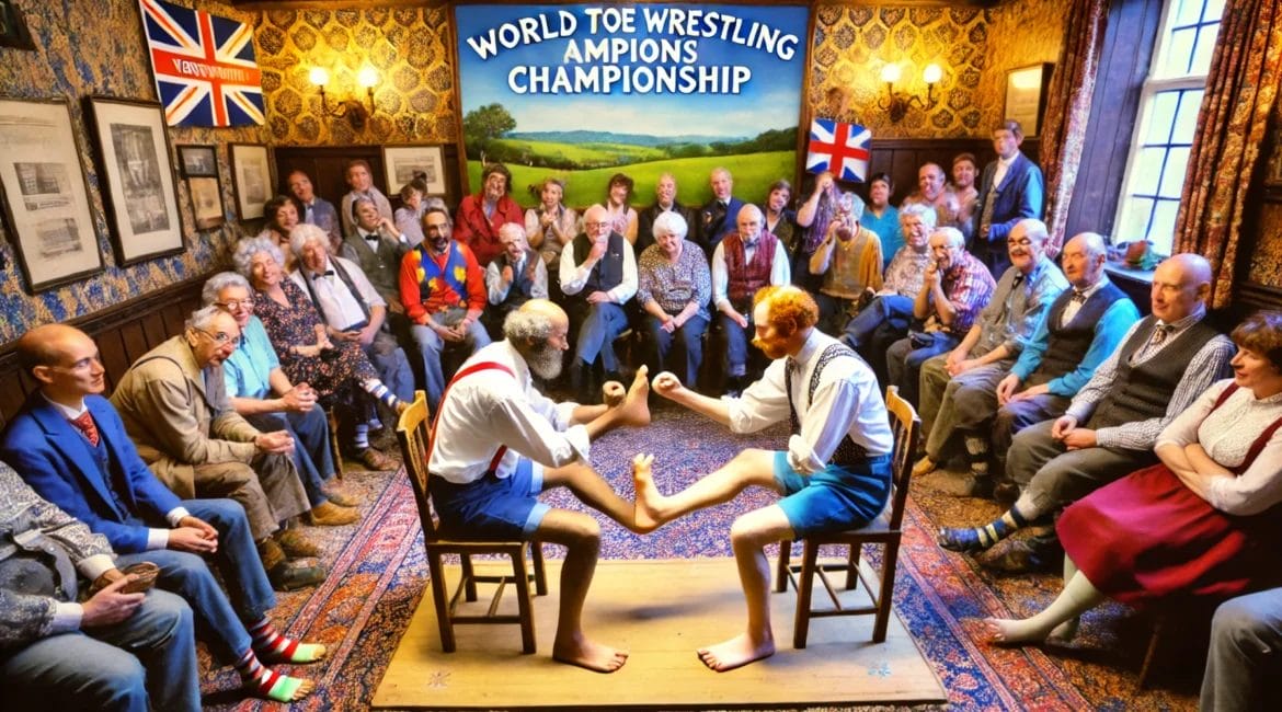 Two participants engage in a toe wrestling match at the World Toe Wrestling Championship in Derbyshire, England, with spectators in a rustic pub setting.