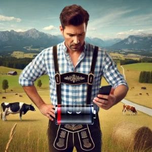 Humorous illustration of a man in Lederhosen looking at a phone with empty battery in a Bavarian field