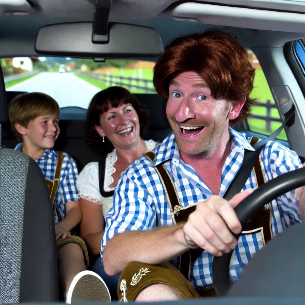 Humorous illustration of a man in Lederhosen happily sitting in a car with a boy and his mother driving him to his hotel in Bavaria